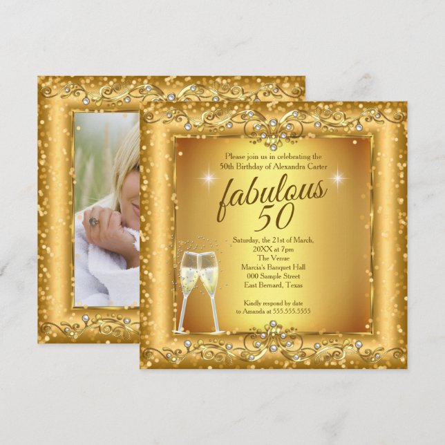 Invitación Fabuloso 50.º destello Fiesta de champán de oro Fo (Anverso / Reverso)