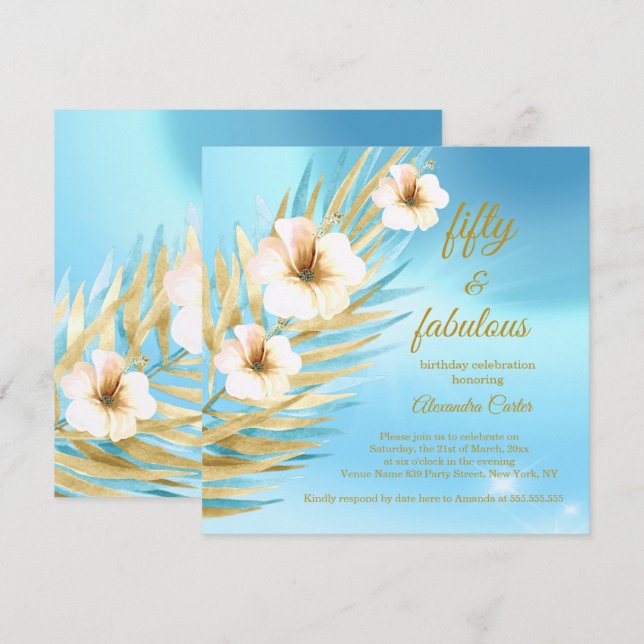 Invitación Fabuloso 50.º Día de Nacimiento Floral Blanco Oro  (Anverso / Reverso)