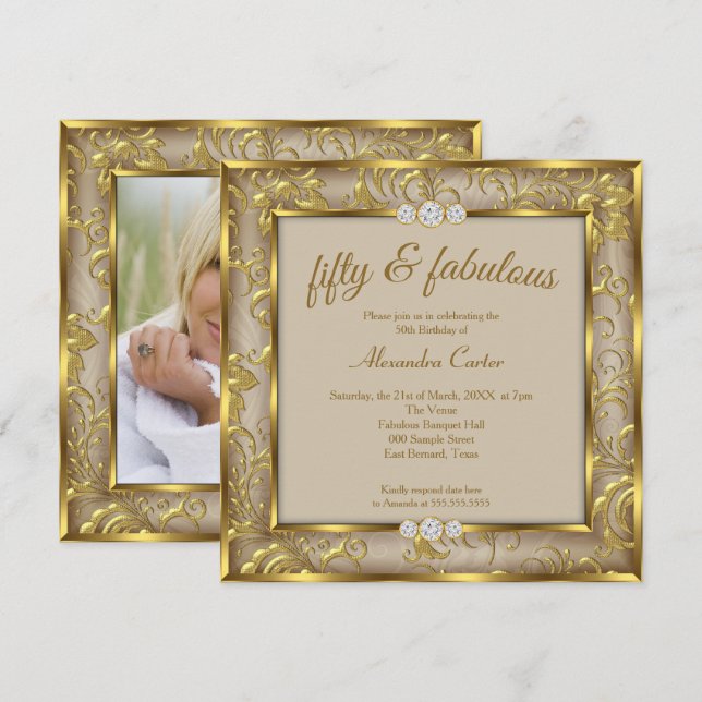 Invitación Fabuloso 50.º Fiesta de oro de Beige Brown Damask (Anverso / Reverso)