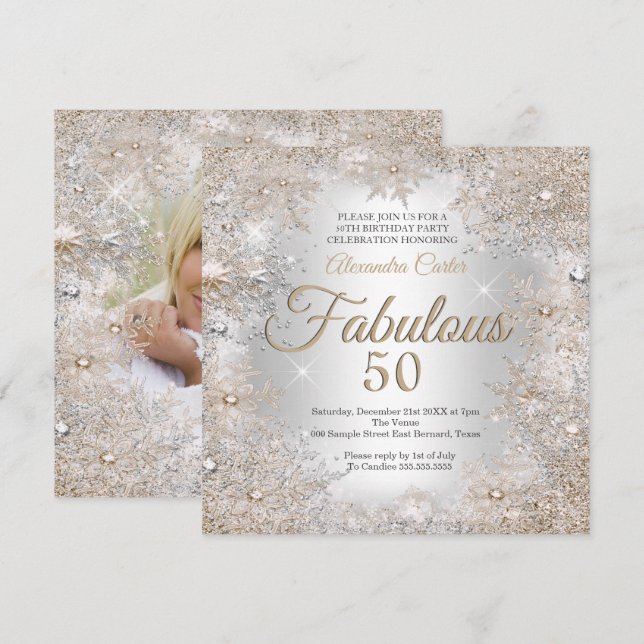 Invitación Fabuloso 50.º Fiesta Foto Plata Beisú Copos de nie (Anverso / Reverso)
