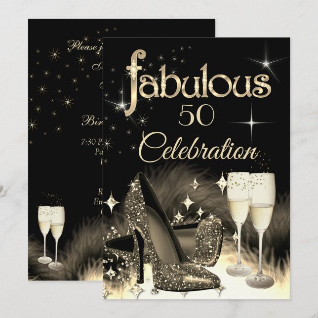Invitación Fabuloso 50.º Purpurina Fiesta Sepia Beige Champag (Anverso / Reverso)