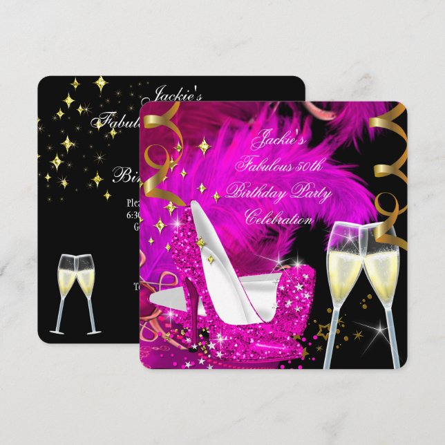 Invitación Fabuloso 50.º Purpurina Hot Pink High Heel Cumplea (Anverso / Reverso)