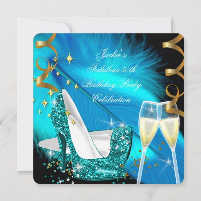 Invitación Fabuloso 50.º Verde azulado Purpurina Azul de tacó (Anverso)