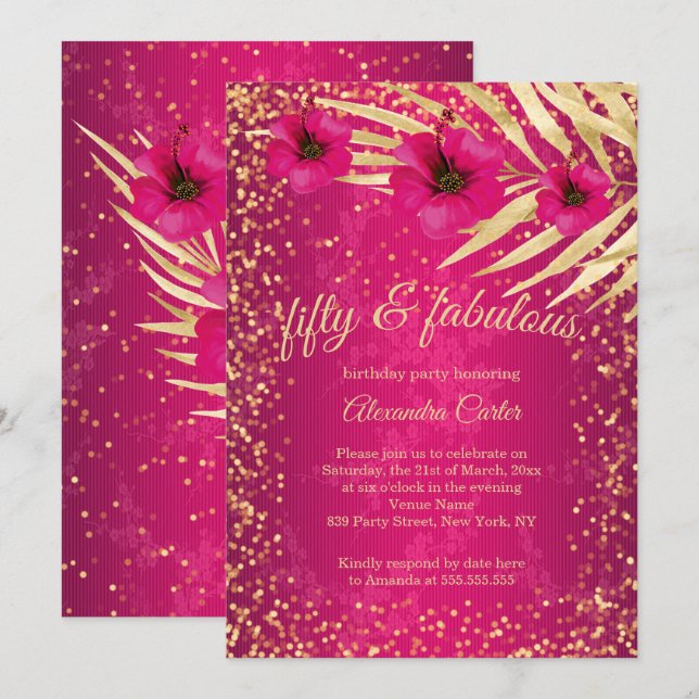 Invitación Fabuloso 50 Aniversario Floral de la Espuma de Oro (Anverso / Reverso)