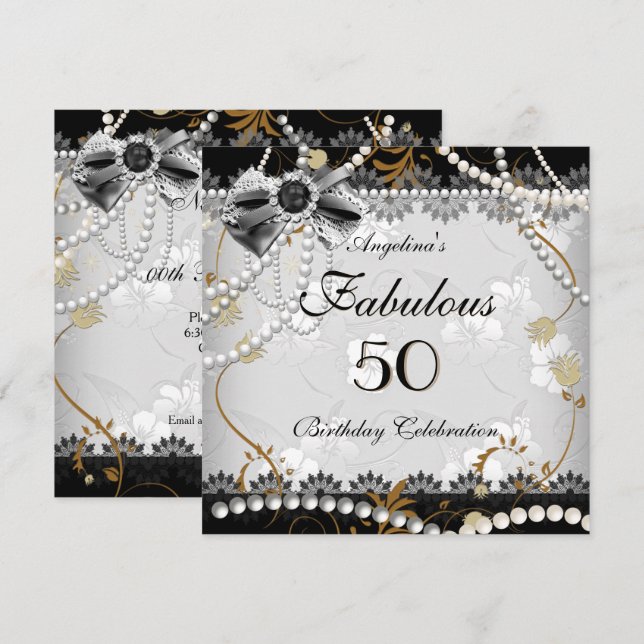 Invitación Fabuloso 50 Beige Oro Negro Gris Floral Cumpleaños (Anverso / Reverso)
