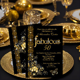 Invitación Fabuloso 50 Black floral Gold mariposa de cumpleañ