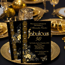 Fabuloso 50 Black floral Gold mariposa de cumpleañ