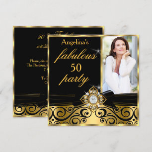 Invitación Fabuloso 50 Black Gold Faux Diamond Photo Fiesta