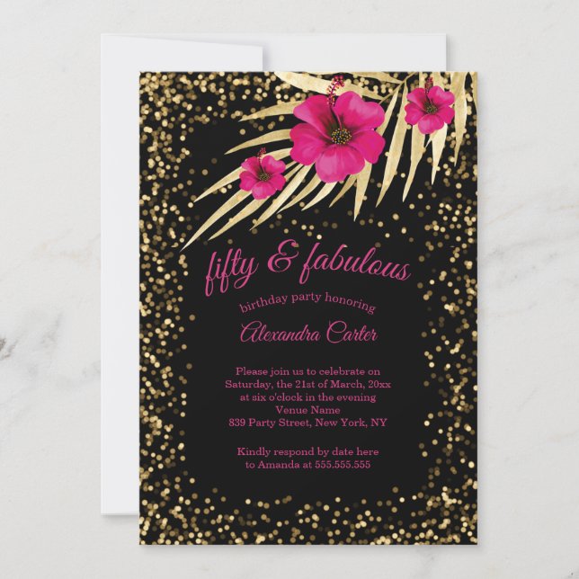 Invitación Fabuloso 50 Black Gold Sparkle Cumpleaños (Anverso)