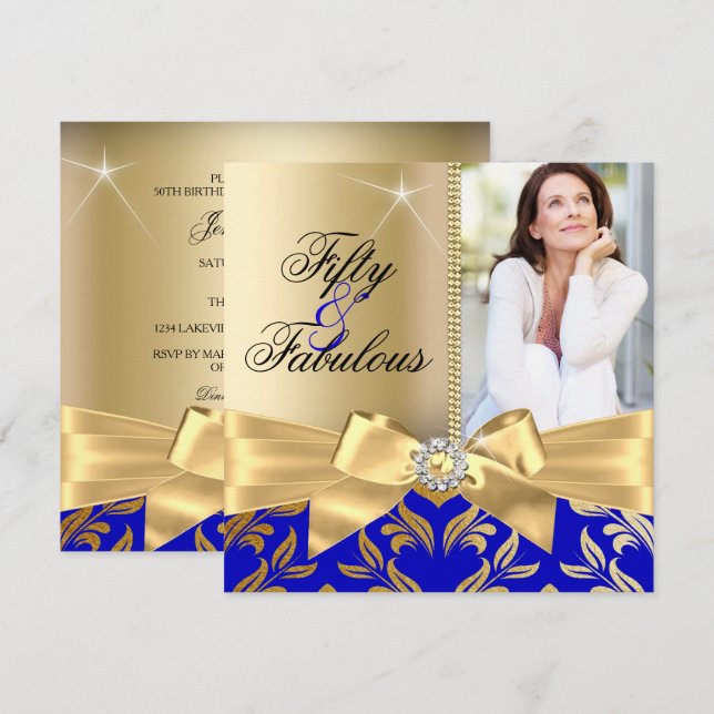 Invitación Fabuloso 50° Blue Gold Leaf & Bow 50 cumpleaños (Anverso / Reverso)