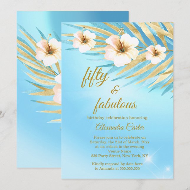 Invitación Fabuloso 50 Blue Verde azulada Gold White Floral C (Anverso / Reverso)