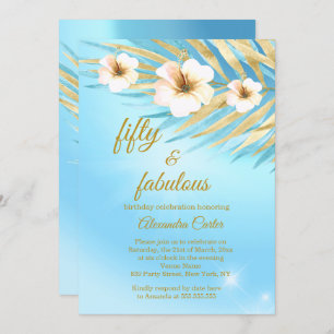 Invitación Fabuloso 50 Blue Verde azulada Gold White Floral C