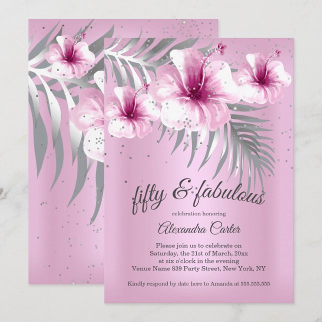 Invitación Fabuloso 50 Bonitos Plata Rosa fiesta Hibiscus (Anverso / Reverso)