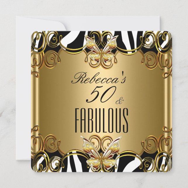 Invitación Fabuloso 50 Bronce Negro Blanco Cebra (Anverso)