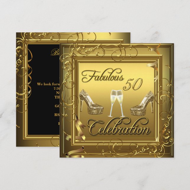 Invitación Fabuloso 50 Celebration Gold Black Champagne (Anverso / Reverso)