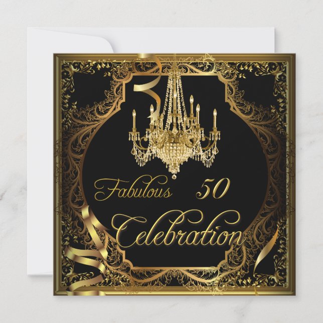 Invitación Fabuloso 50 Celebration Gold Black Chandelier (Anverso)