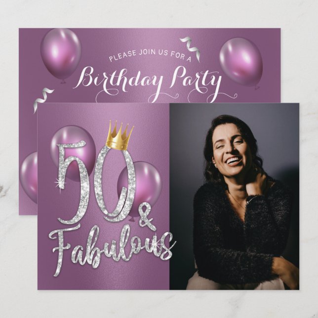 Invitación Fabuloso 50 Chica púrpura moderno foto 50 cumpleañ (Anverso / Reverso)