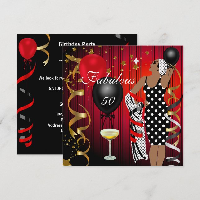 Invitación Fabuloso 50 Cincuenta Diva Cumpleaños Globo Rojo N (Anverso / Reverso)