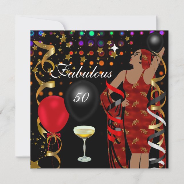 Invitación Fabuloso 50 Cincuenta Diva Cumpleaños Luz Roja Neg (Anverso)