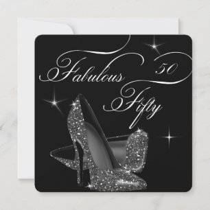 Invitación Fabuloso 50 cincuenta tacones altos negros y blanc