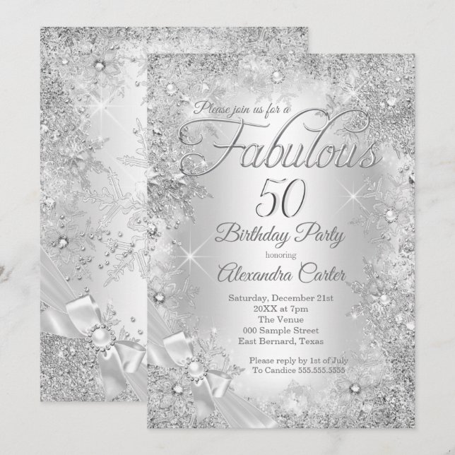 Invitación Fabuloso 50 Copo de Perla Blanca Plateado (Anverso / Reverso)