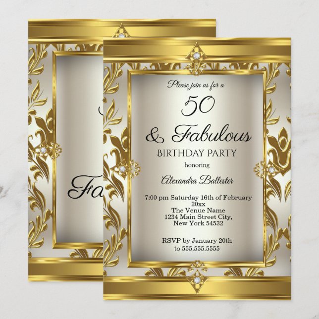 Invitación Fabuloso 50 Cream Gold Damask Fiesta de cumpleaños (Anverso / Reverso)