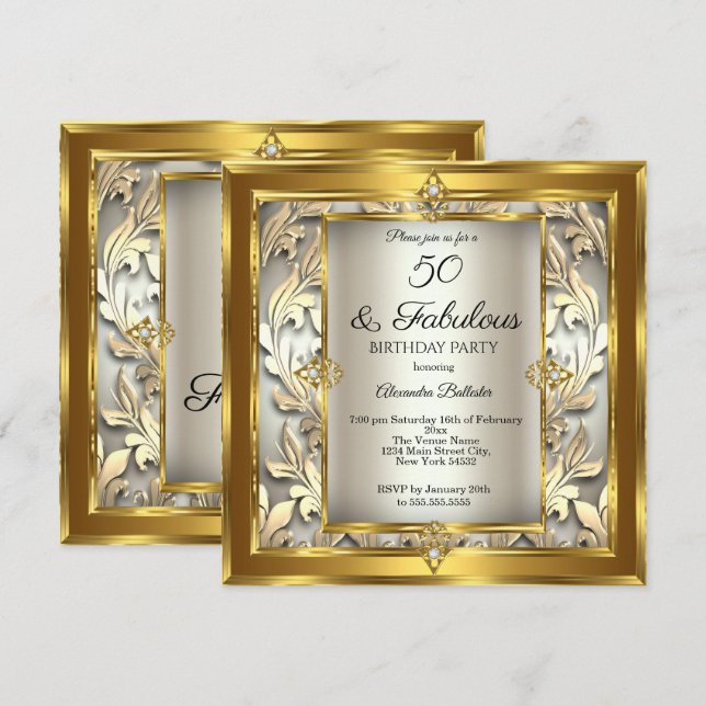 Invitación Fabuloso 50 Cream Gold floral Damask Cumpleaños (Anverso / Reverso)