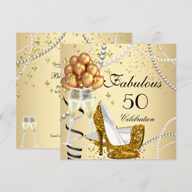 Invitación Fabuloso 50 Cream Gold Heels Champagne Cumpleaños (Anverso / Reverso)