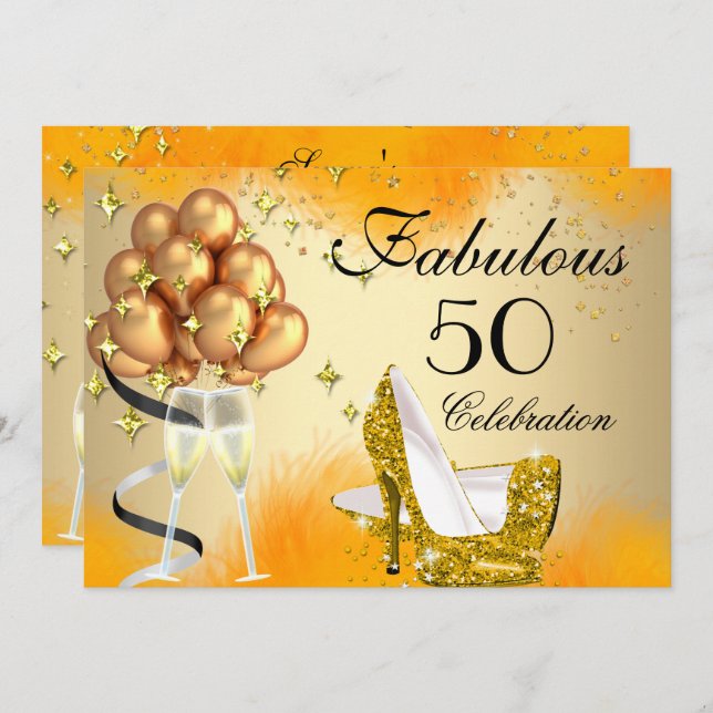 Invitación Fabuloso 50 Cream Gold Yellow High Heels Cumpleaño (Anverso / Reverso)