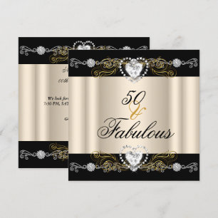 Invitación Fabuloso 50 Crema Negro Oro Plateado Cumpleaños 50