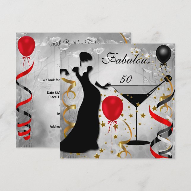 Invitación Fabuloso 50 Cumpleaños 50th Fiesta Deco Dama Rojo (Anverso / Reverso)
