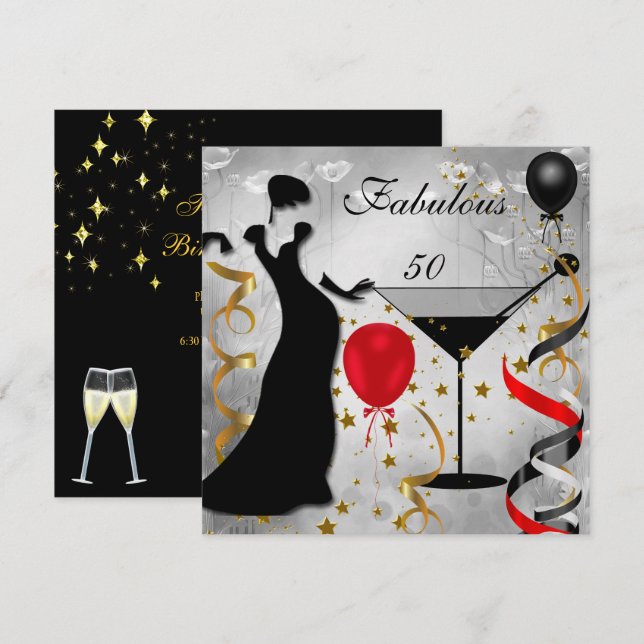 Invitación Fabuloso 50 Cumpleaños 50th Fiesta Deco Dama Rojo  (Anverso / Reverso)