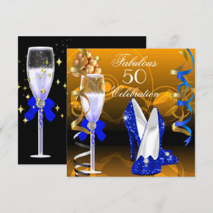 Invitación Fabuloso 50 cumpleaños azul real dorado naranja Fi