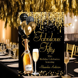 Invitación Fabuloso 50 cumpleaños brillo dorado champán negro