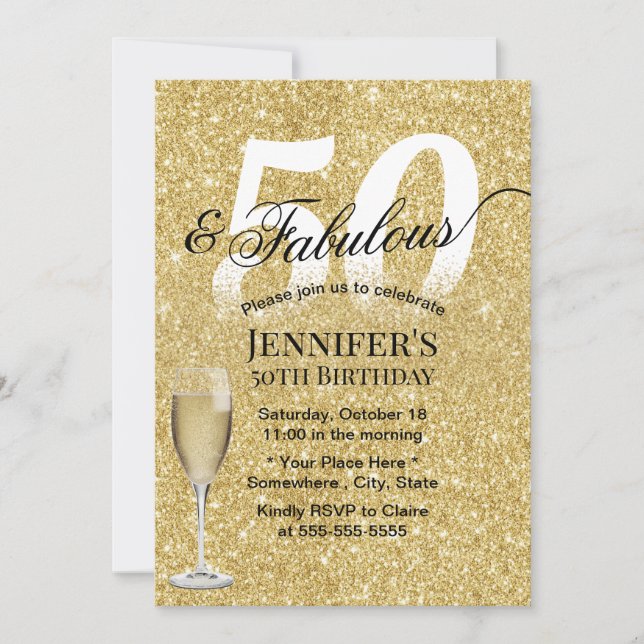 Invitación Fabuloso 50 cumpleaños Champagne Purpurina de oro  (Anverso)