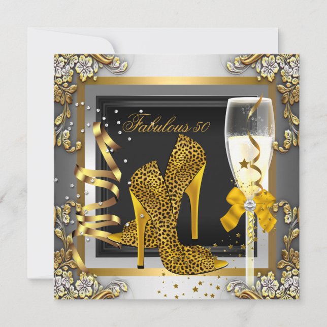 Invitación Fabuloso 50 cumpleaños champán oro plata leopardo (Anverso)