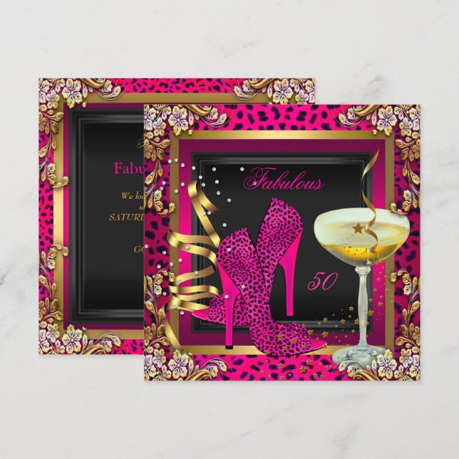 Invitación Fabuloso 50 cumpleaños del leopardo rosa de cerezo (Anverso / Reverso)