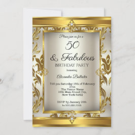Invitación Fabuloso 50 Cumpleaños Fiesta Crema Oro Damask
