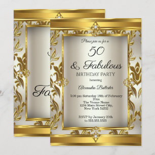 Invitación Fabuloso 50 Cumpleaños Fiesta Crema Oro Damask