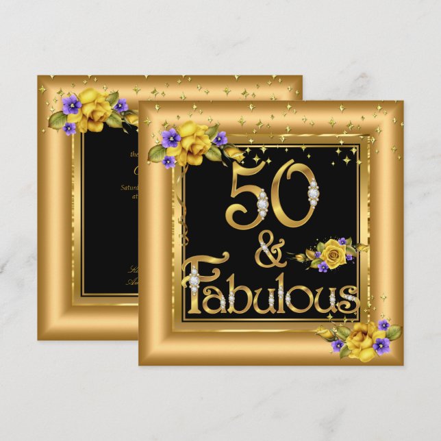 Invitación Fabuloso 50 cumpleaños fiesta de oro amarillo negr (Anverso / Reverso)