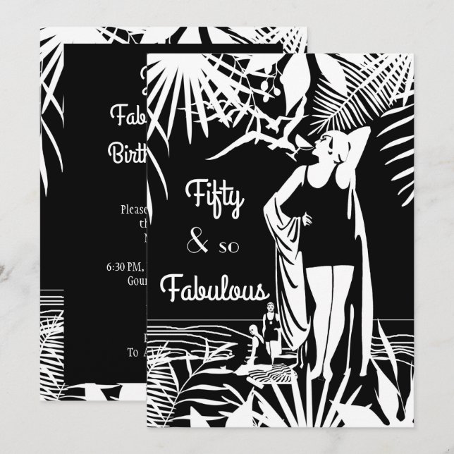 Invitación Fabuloso 50 cumpleaños fiesta Deco Lady Black Whit (Anverso / Reverso)
