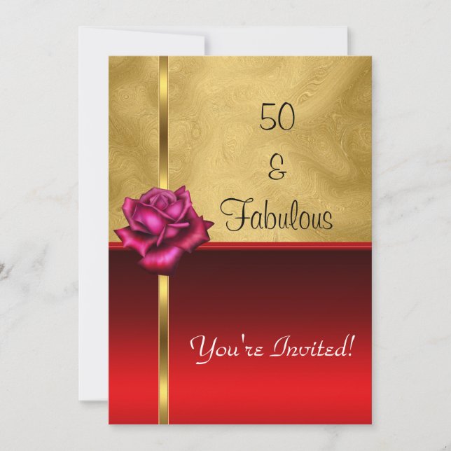 Invitación Fabuloso 50 cumpleaños Flor roja de oro (Anverso)