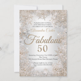 Invitación Fabuloso 50 cumpleaños Foto Silver Beige Snowflake