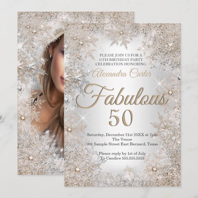 Invitación Fabuloso 50 cumpleaños Foto Silver Beige Snowflake (Anverso / Reverso)