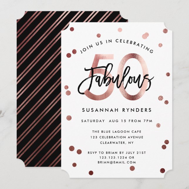 Invitación Fabuloso 50 | Cumpleaños moderno con Rosa de oro (Anverso / Reverso)