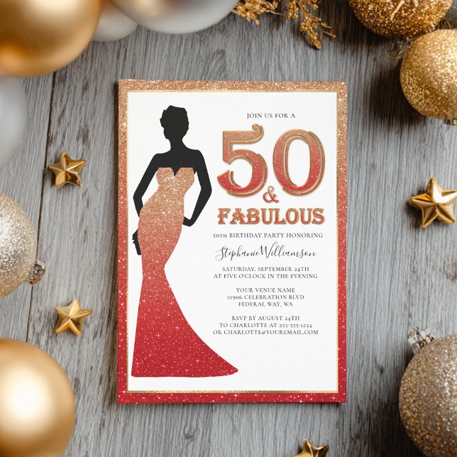 Invitación Fabuloso 50 cumpleaños Ombre Purpurina Gown (Fabulous 50th Birthday Ombre Glitter Gown Invitation)