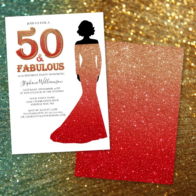 Invitación Fabuloso 50 cumpleaños Ombre Purpurina Gown (Fabulous 50th Birthday Ombre Glitter Gown Invitation)