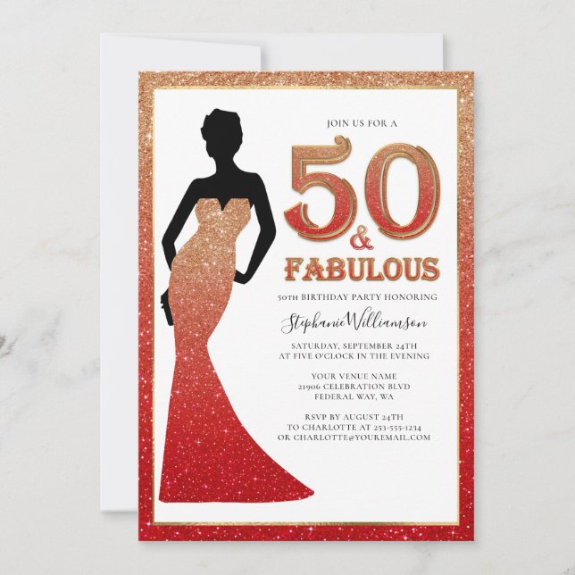 Invitación Fabuloso 50 cumpleaños Ombre Purpurina Gown (Anverso)