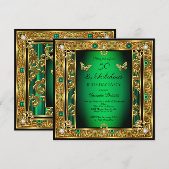Invitación Fabuloso 50 cumpleaños oro de mariposa verde esmer (Anverso / Reverso)