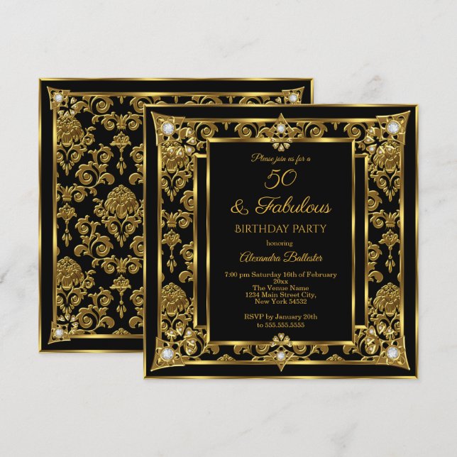 Invitación Fabuloso 50 cumpleaños oro negro Damask Diamante (Anverso / Reverso)